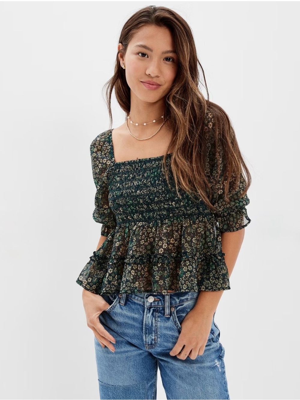 AMERICAN EAGLE WOMEN GREEN SQUARE NECK SMOCKED BABYDOLL BLOUSE